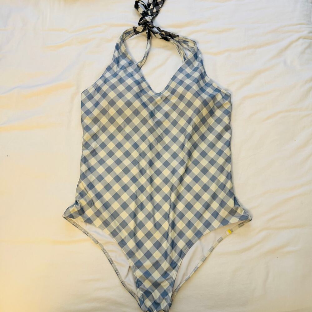 Summersalt Cream Blue Gingham‎ Halter Tie Back One Piece Swimsuit Size 18